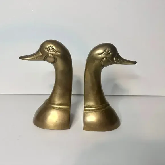 Brass Bookends Mallard Duck Head Set 6" Mid Century Brass Decor Doorstop Gift - Picture 4 of 7